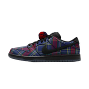 Plaid patterned sneaker with a black swoosh logo on a white background